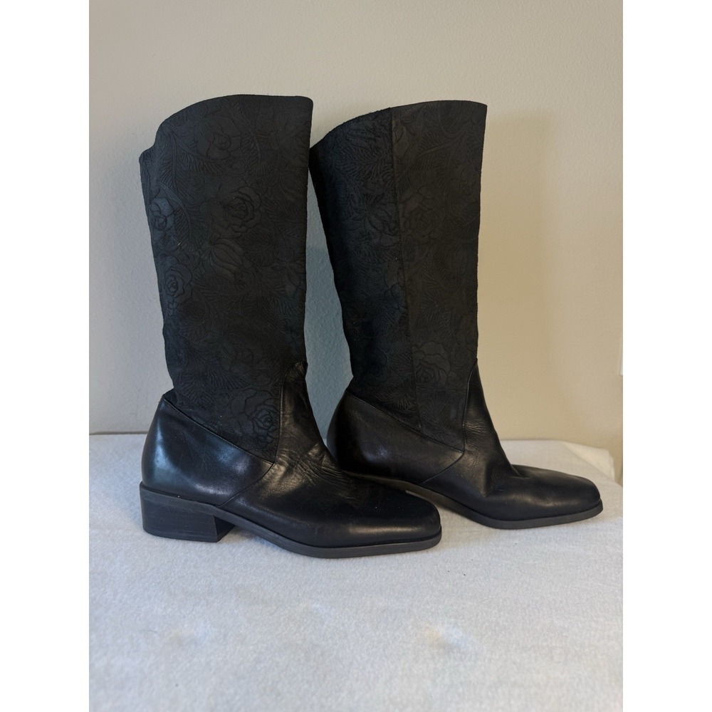Womens Black Leather Floral Embossed Mid Calf Boots Size 7.5M Made in Brazil